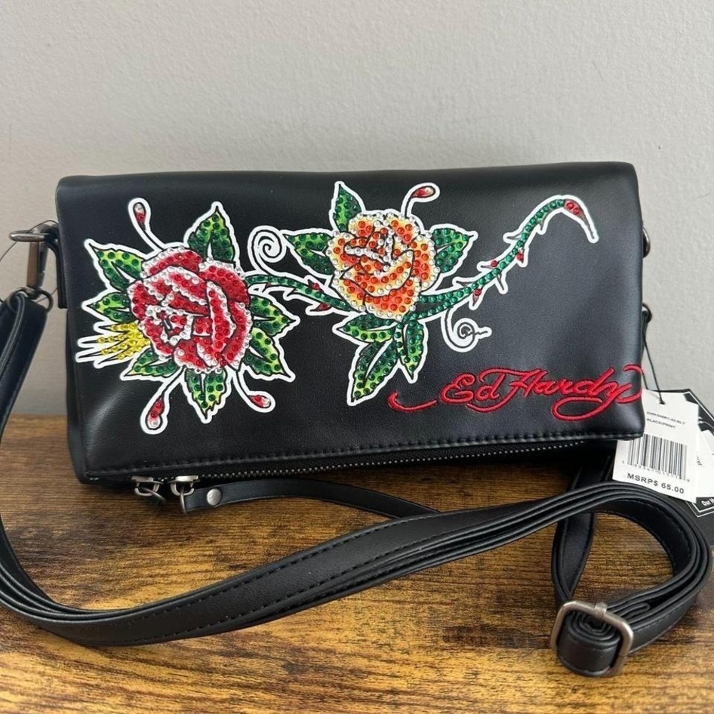 New Ed Hardy Black Green Red Roses Rhinestone Clutch Crossbody Bag Flowers